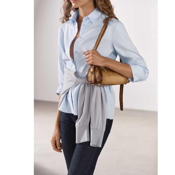 Zara Slim Fit Poplin Cotton Shirt Light Blue below-the-elbow sleeves ZW XS NWT - Picture 4 of 16